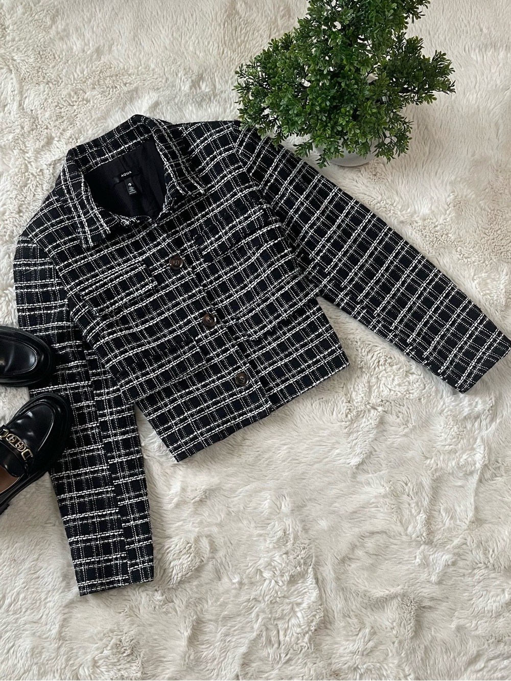 AQUA Black & White Plaid Tweed Cropped Jacket - Size L